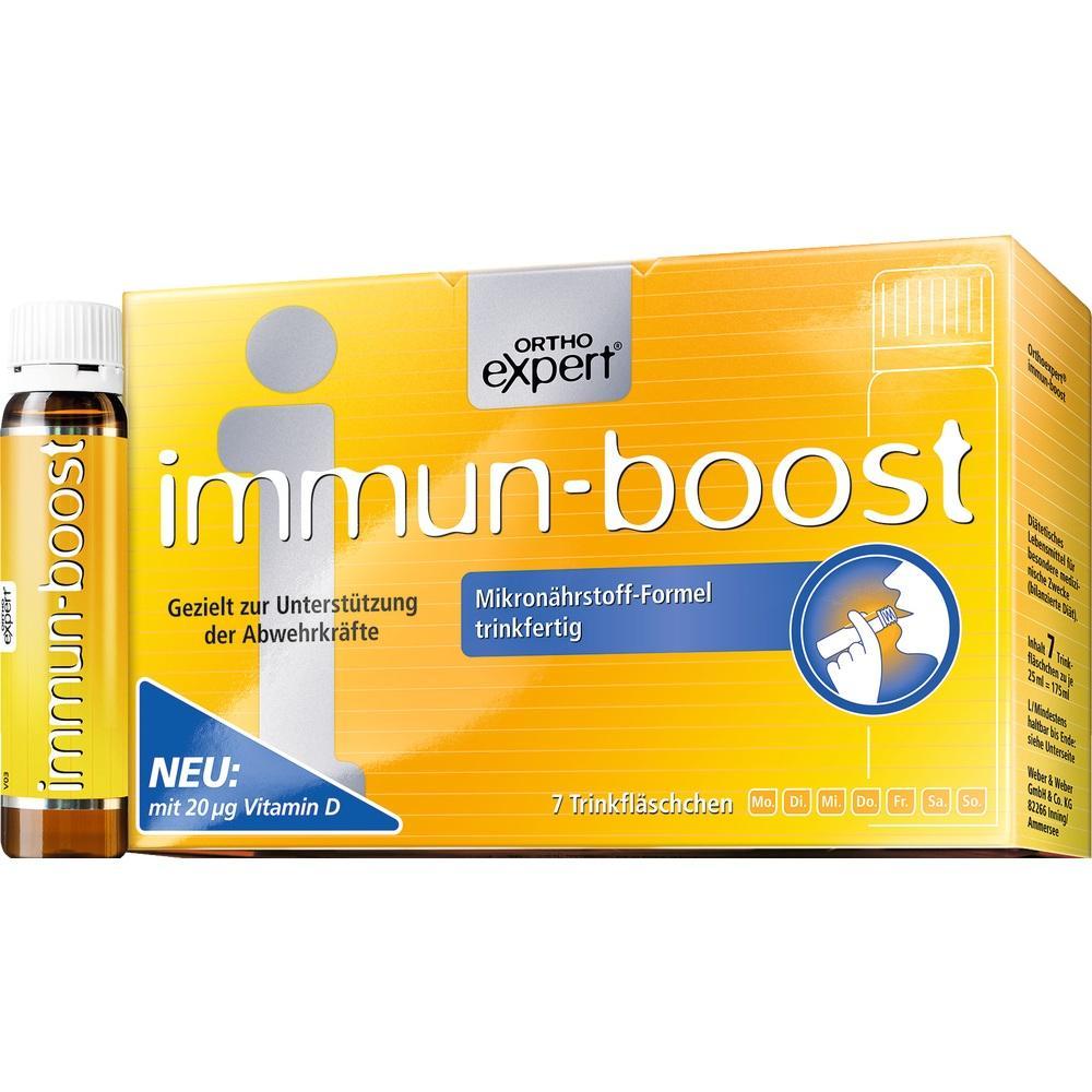 Eine gelbe Verpackung mit der Aufschrift "immun-boost" und einer kleinen Flasche daneben.