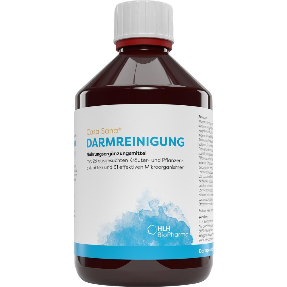 Braune Flasche mit Etikett für ein Nahrungsergänzungsmittel namens "Darmreinigung".