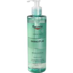 Eine grüne Flasche Eucerin DermoPure Reinigungsgel mit Pumpspender.